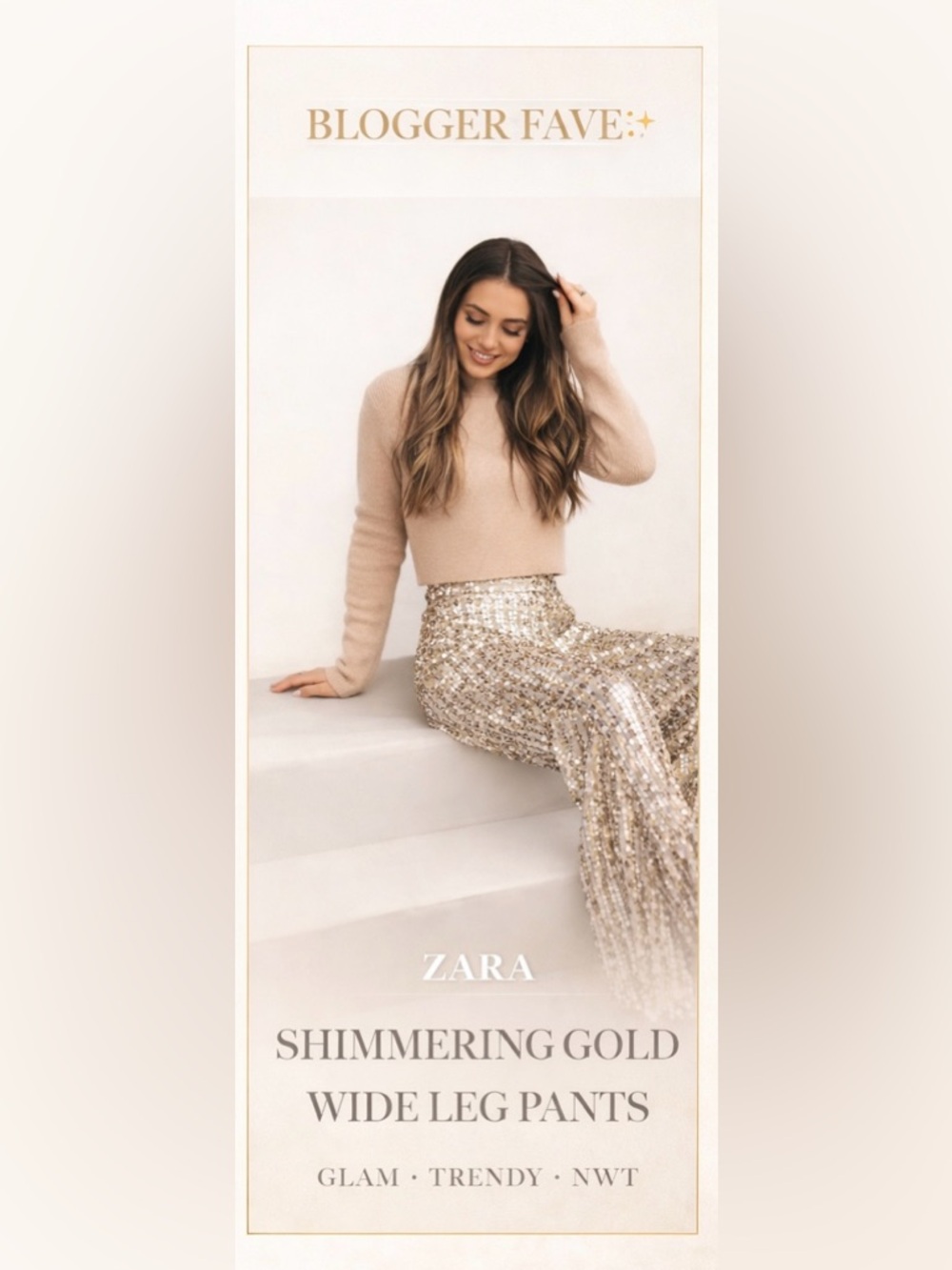 BLOGGERS FAVORITE NWT Zara Mesh Shimmering Gold Wide Leg Pants - Picture 2 of 7